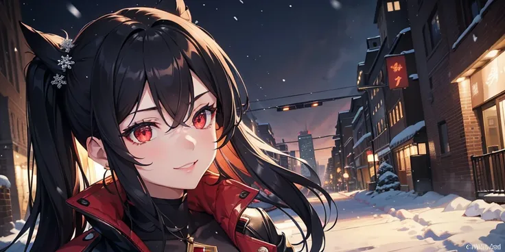 An anime-style portrait of a stunning businesswoman with sleek black hair styled into elegant twin tails, framing her sharp and captivating red eyes that shimmer with a mischievous glint. She wears a sophisticated winter jacket with a high collar, detailed...