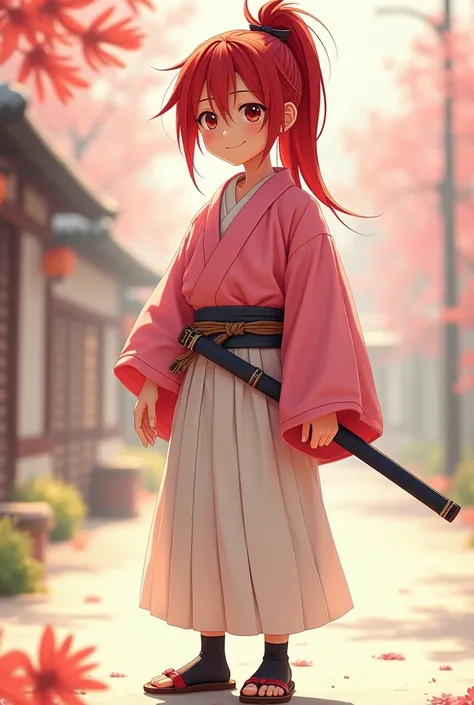 Kenshin Himura with red hair and ponytail wearing a pink mens kimono, a white umanori hakama, zori and black tabi in pixar style 