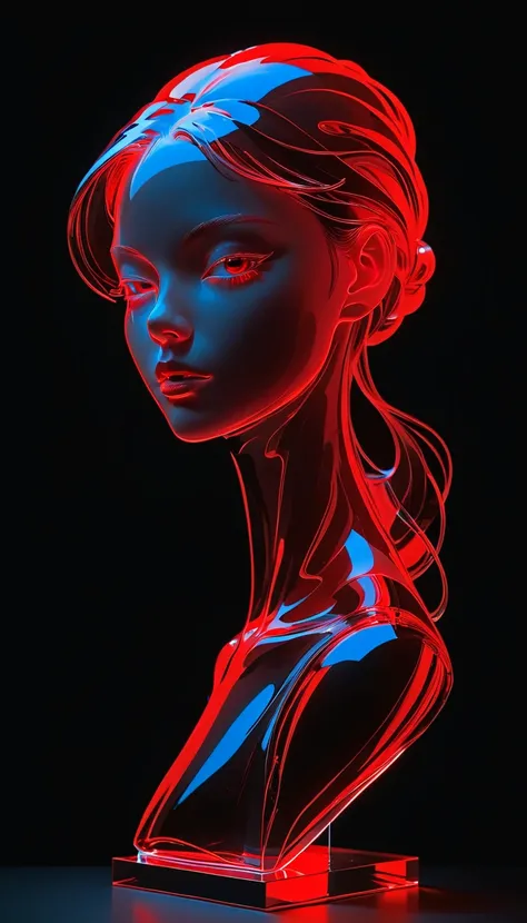 The Art of Blank Space，Sense of space，1 colored glass transparent 3D portrait sculpture，Facial Luminescence Line，simple， Minimalism ，beautiful girl，Black and red，，black background，Luminescence