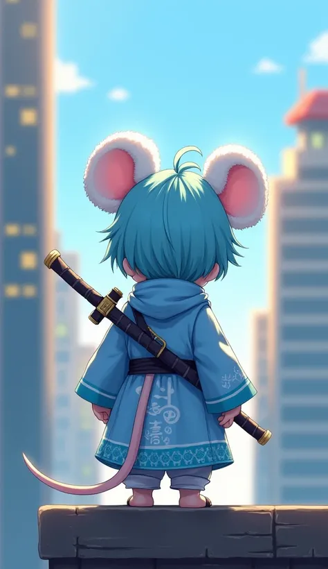  realistic 　clear　Office District　 building standing on the edge　Light blue ninja clothes 　 cute　Light blue fluffy fur　Mouse　Sword on the back　

Light blue ninja clothes 　White embroidery　 cute　１８Age　 light blue hair　 cute女の子　Sword on the back
