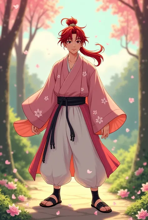 Kenshin Himura with red hair and ponytail wearing a pink mens kimono, a white umanori hakama, zori and black tabi in disney style 