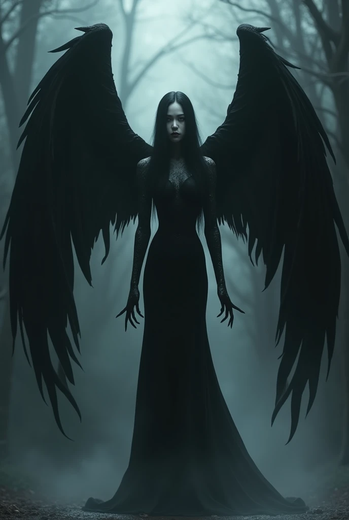 Humana Monster

Extremely pale skin ,  physiognomy ,  with veins visible under the surface

• Large black, feathered wings that extend majestically from the back

• Completely black eyes , like bottomless pits,  but with an ethereal glow

• Delicate and an...