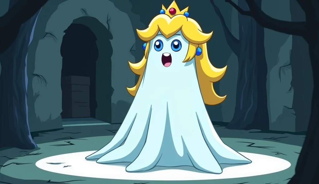 A tall white sheet ghost sporting Princess Peach’s pretty big and long yellow hair, crown and blue eyes on the ground in a haunted house. The sheet covers the ground in a gigantic white circle. Cartoon.