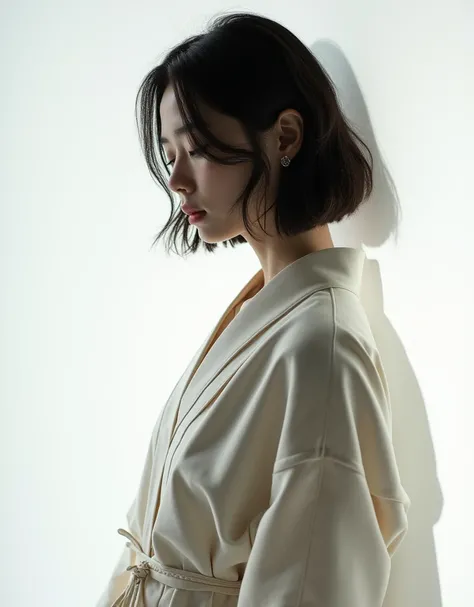  young Japanese woman,　Latest Fashion,　whole body、 white background 、Strong light from the left、 short hair、 straight hair、Lower your gaze