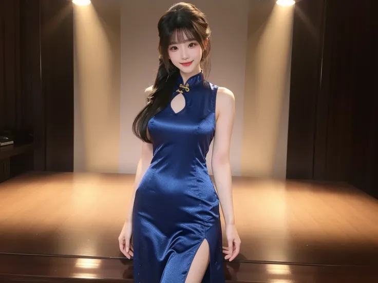 ((masterpiece、 are of the best quality))、shape、  Super Detailed  、8K、actual、 clearly focused 、 very detailed 、Professional lighting、spotlight、Color details、Fine texture，a strikingly beautiful girl，A stunningly beautiful girl wearing a transparent cheongsam...