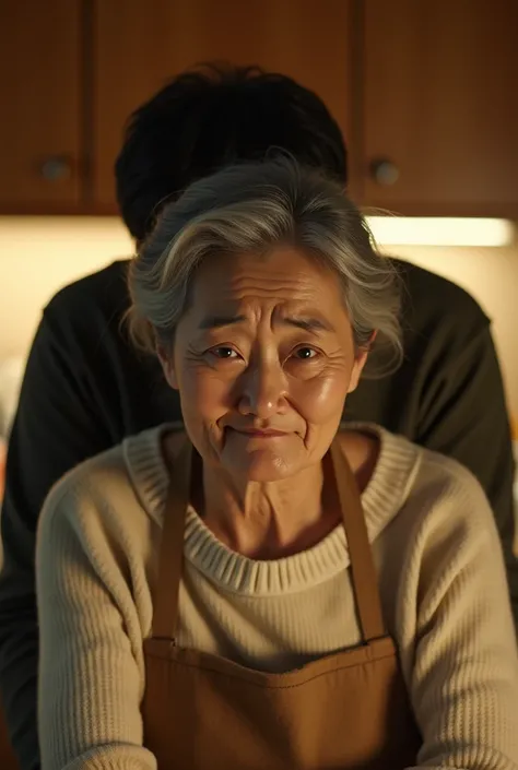 A cinematic scene of a Japanese older woman in her late 50s in a warmly lit kitchen, wearing a light beige sweater and an apron. Her expression is conflicted and emotional, with furrowed brows and a slightly pained smile. Behind her, a younger man in his l...