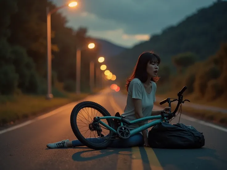 image of a young chinese woman falls screaming on a quiet country road at dusk, next to a bicycle that has fallen and is lying on top of a black plastic bag. The scene is lit by warm, soft streetlights, with a peaceful and slightly melancholy mood. real im...