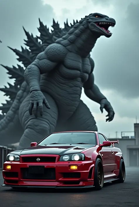 Create an image where a Nissan gt-r r34 is and behind a Godzilla for tattooing
