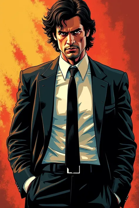 Make me a comic like image of John Travolta in the movie Pulp Fiction