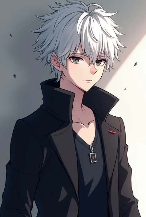 Create a Masterpiece ,  best quality ,  illustration, A young adult anime-type  , Alone,  male focus,  looking in the front ,  Known _Kaneki,  white hair , black eyes and that his coat has the following name DYNMO.Ninety-four  