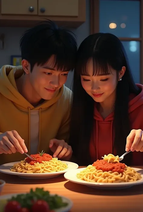  Create a couple eating whole wheat pasta with homemade tomato sauce and diced turkey breast sitting at the table in the kitchen in Rio de Janeiro, night, Jisung man 24 years old straight black hair comma hair  , black eyes , athletic body  ,  strong white...