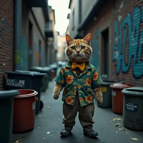 Create a hyper-realestic image of A dark alley with graffiti-covered walls and trash cans scattered around. A man with tattered clothes lurks nap the kitten,kitten wearing Hawaiian shirt and a yellow bowtie .