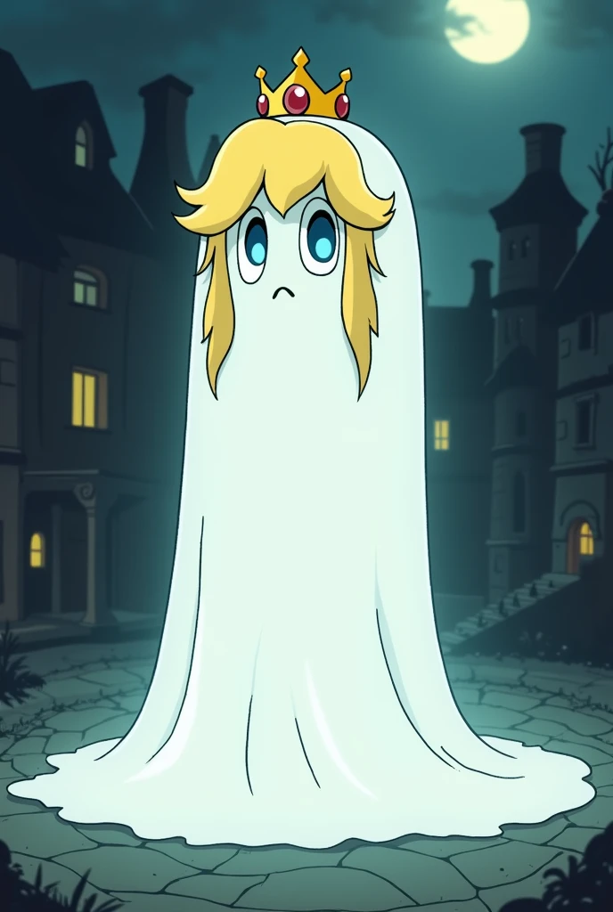 A tall white sheet ghost sporting Princess Peach’s pretty big and long yellow hair, crown and blue eyes on the ground in a haunted house, saying "Oooooooo!". The sheet covers the ground in a gigantic white circle. Cartoon.