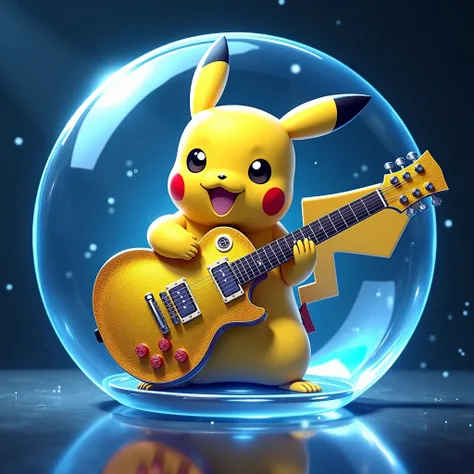 (High-quality image), (masterpiece), (ultra-detailed), (Pikachu  playing a golden electric guitar inside a glass Poké Ball ), (luz azul iluminando del lado izquierdo),(4k).