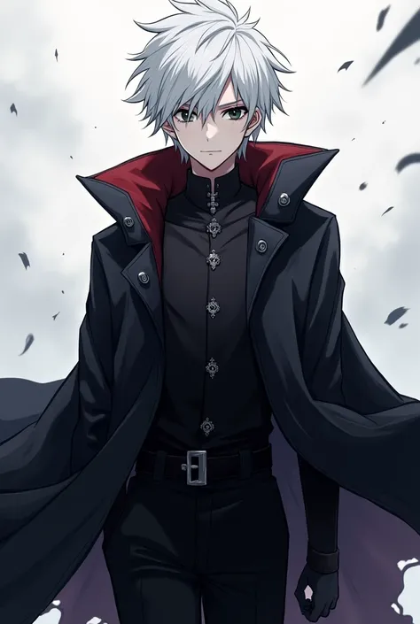 Create a Masterpiece ,  best quality , A young adult anime-type  , Alone,  male focus, looking straight ahead with a dark look  ,  Known _Kaneki,  white hair , black eyes and that his coat has the following name DYNMO.Ninety-four  .