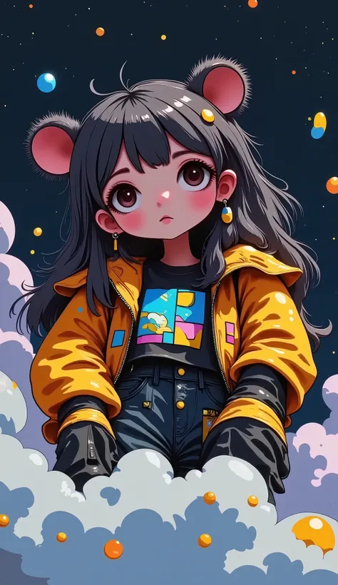 ( Cute cartoon style representation :1.3), ((( close up of a powerful bear sleeping on soft clouds))), (Elegant and complete cyberpunk space suit :1.2), (()), dark fur, epic space landscape,  black holes, (( bright stars )), intricate design,  Bright color...