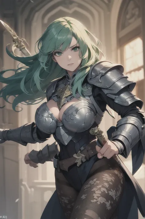 masterpiece, best quality ,  Unreal Engine , Ultra Res, extremadamente detallado,
1 girl,  breasts too big ,  waist , ( muscular:0.4) ,slender,
Please,
 light green hair , Green eyes
armor , Bermuda, gauntlet, cable, pantyhose,  floral print ,
 looking at ...