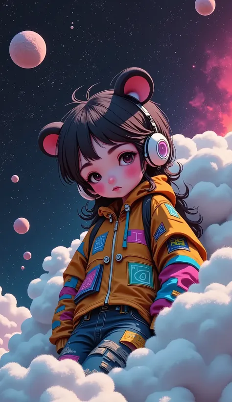 ( Cute cartoon style representation :1.3), ((( close up of a powerful bear sleeping on soft clouds))), (Elegant and complete cyberpunk space suit :1.2), (()), dark fur, epic space landscape,  black holes, (( bright stars )), intricate design,  Bright color...