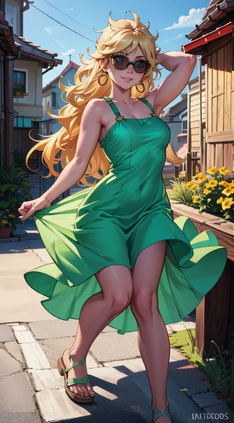 Creating a realistic picture of Leni Loud from the series *The Loud House*, Leni is a 17-year-old girl with long, wavy blond hair. He wears white sunglasses on his head, large red earrings and a radiant smile. Her dress includes a light green dress with sh...