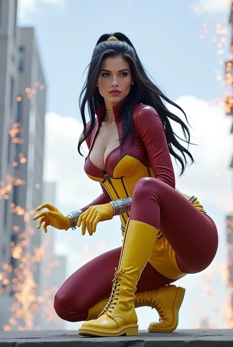 (((Spider-Woman))) Wearing the costume of the arachnid Jessica Drew aka Spider-Woman))) A beautiful woman with long black hair tied in a ponytail ((( wearing a yellow corset with vinotinto sleeves))),(((Legis Vinotinto ))),((( knee-length yellow boots  )))...