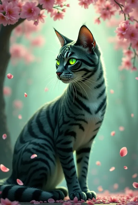 Black-colored gray-colored cat with tiger fur with green eyes unrealistic. Sakuras tree background