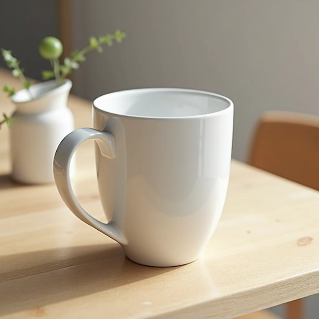 a focus shot on a white mug at the dining table on top shot