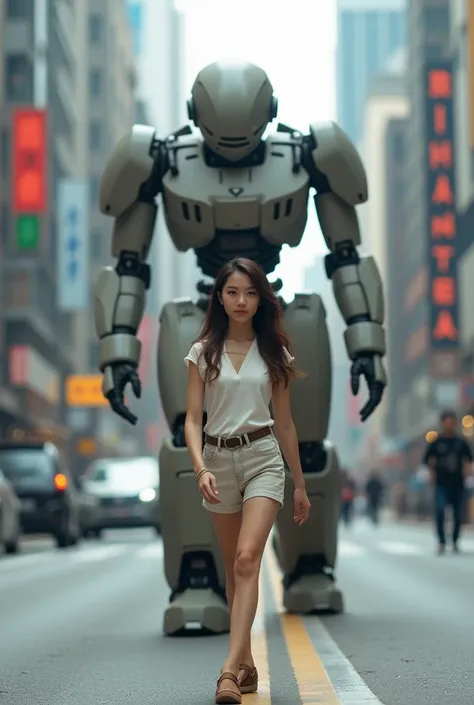 a young beautiful Thai woman . walks confidently down a city street with a giant robot following behind it .  The robot should be seen towering over buildings ,  giving the person an impression of protection or companionship .  The setting is modern and ur...