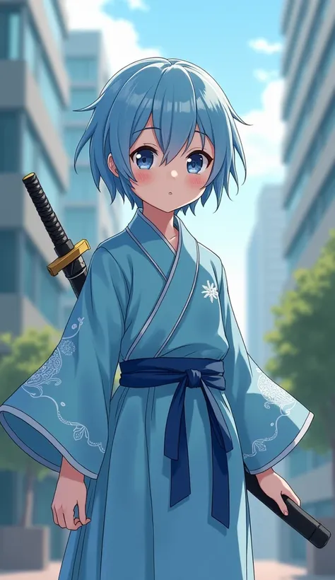  real　clear　Office District　 building standing on the edge　Light blue ninja clothes 　White embroidery　 cute　Light blue short hair　１６歳ぐらいの cute女の子　Sword on the back
