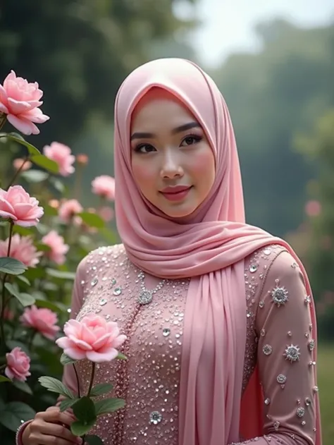  Realistic real beautiful Indonesian woman in neat hijab color ping, makai fancy dress pink crystal material ,megang flower , beautiful and cool flower garden background 