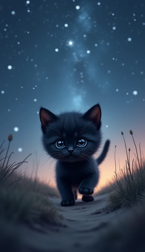 The black cat Munchkin kitten is walking towards the back
There are footprints behind it
Starry sky in the background