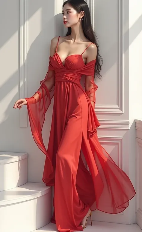 beautiful asian woman, cutout wrapped red dress, 