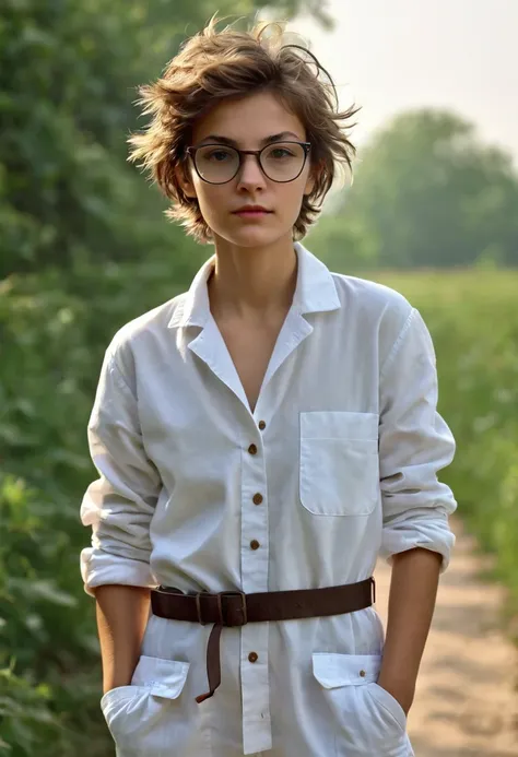 Masterpiece of realistic photography, high quality, shaded tones; Appearance: the cute russian tomboy woman Nika whose age is older than the universe itself with nice natural chestnuts has boyish short cut messy shaggy brown hair disheveled for wind, with ...