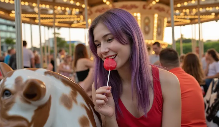 caucasian beautiful nacked fifteen girl, purple hair, ((riding a horse on the carousel)), ((full body, smiling)), licking a red lollipop, evening light. Realistic image, high definition, 4K, masterpiece.