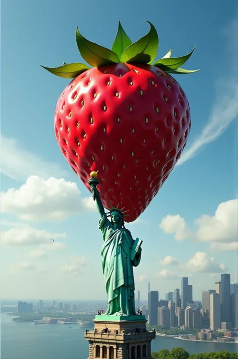 A giant strawberry on top of the Statue of Liberty