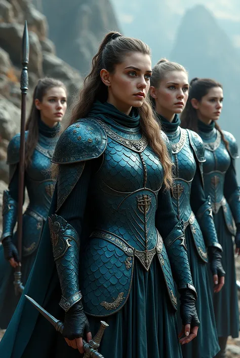 A group of female warriors wearing obsidian dragon scale armor、Medieval style, Mythical Magical ，Ukrainian face,