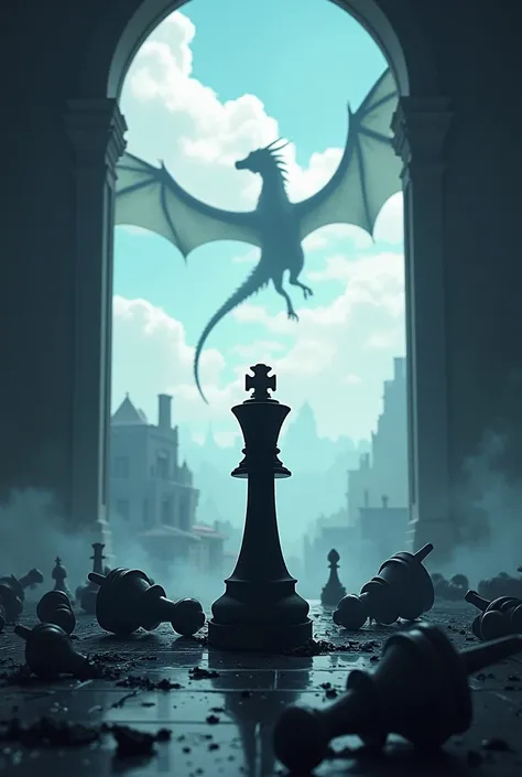 All the chess pieces fallen except the black king 
With a desolate anime-like look
Against a background of a beautiful landscape with dragons 
The board is located at the window of a castle
