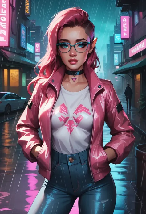 a beautiful cyberpunk Asian elf woman standing in a dark alley at night in the rain, detailed facial features, long eyelashes, pink hair in cyberpunk style, pink leather jacket, jeans, t-shirt, glasses, choker, detailed city skyline, neon lights, puddles, ...