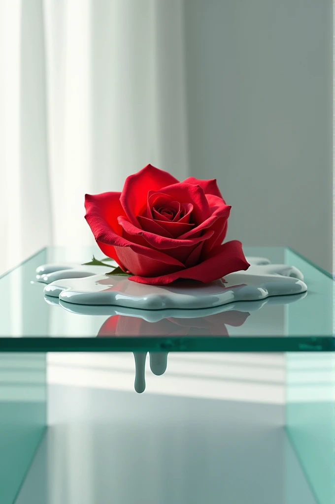 A red rose melting on a glass table 