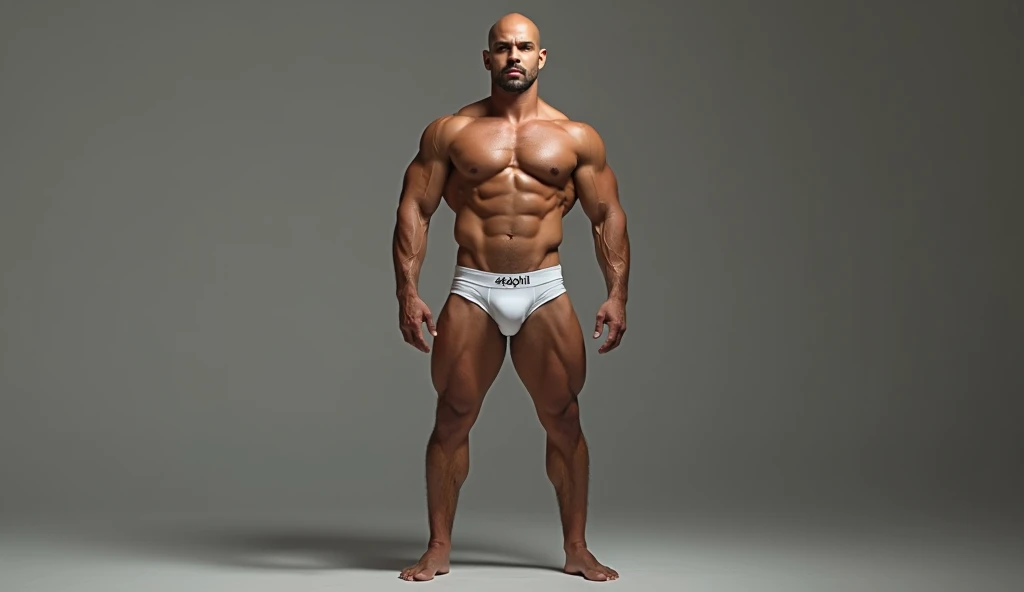 Ultra-realistic and hyper-detailed 8K photography of a 40-year-old Spanish man, He is muscular and self-confident, with a powerful build and a perfectly shaved head, standing centered and completely visible from head to toe in the frame. The man is looking...