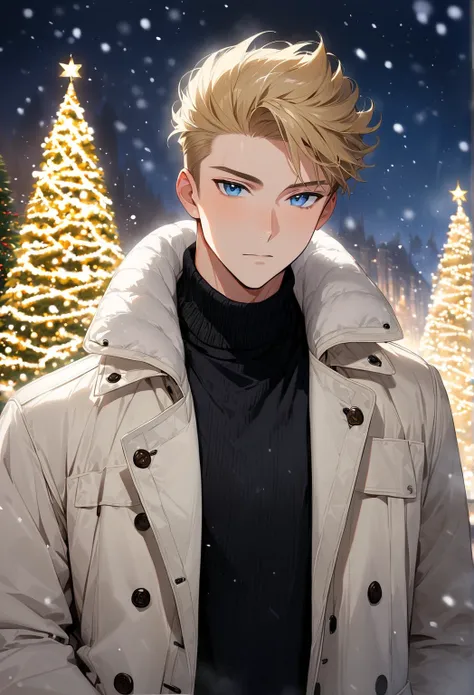 (masterpiece, best quality:1.3), A young man, 22-years-old, solo, Caucasian, blonde quiff style hair, average height, mature face, light blue eyes, warm, long white trench coat, black knit sweater, black pants, Christmas tree, outdoors, night, snowing