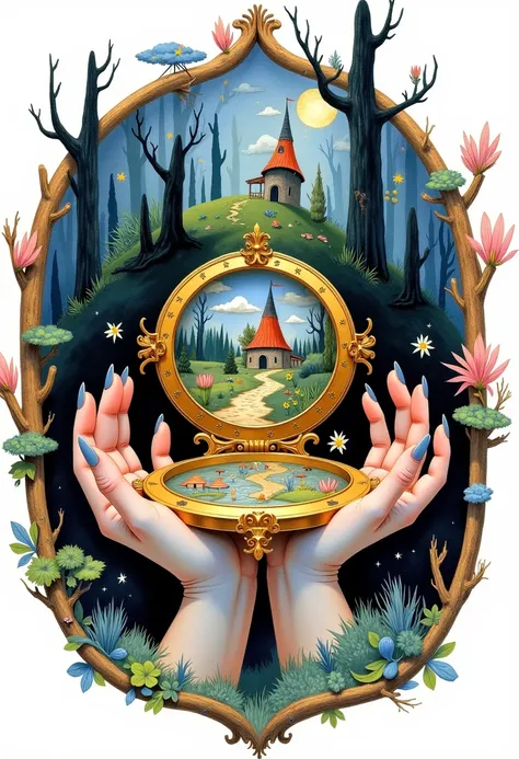               Close-up of only beautiful female hands with a beautiful giant golden magic compass, in the background, the road to the chicken-legged hut from the fairy tale of Baba Yaga is on the inside in the windows around the dark forest, Painting (medi...