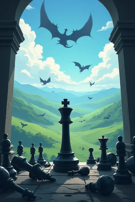 All the chess pieces fallen except the black king 
With a desolate anime-like look
Against a background of a beautiful landscape with dragons 
The panel is from the perspective of a castle window the green landscape 
