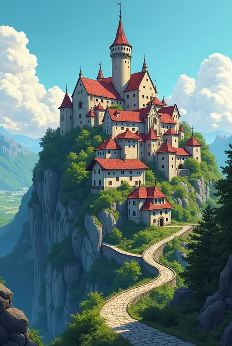 Draw a picture of a town on top of a mountain, comic style in color , concept:  medieval fantasy 