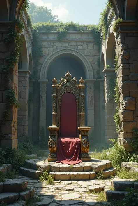 Horizontal image of a Peters throne amidst outdoor ruins 