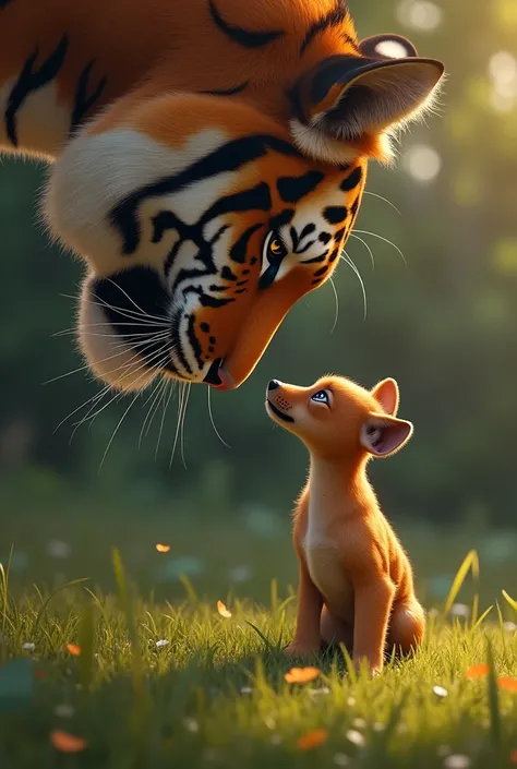 Pinscher cub staring at a tiger 