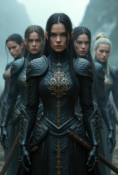 A group of female warriors wearing various black dragon-scale armor、Medieval style, Mythical Magical ，Ukrainian face,