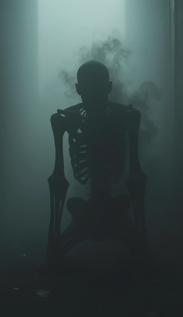 
"A skeletal and macabre silhouette of a squatting person, with head down,  looking towards the camera in a threatening way . The figure is thin ,  with angular outlines and a distorted posture ,  transmitting a sense of discomfort and fear . around,  a de...