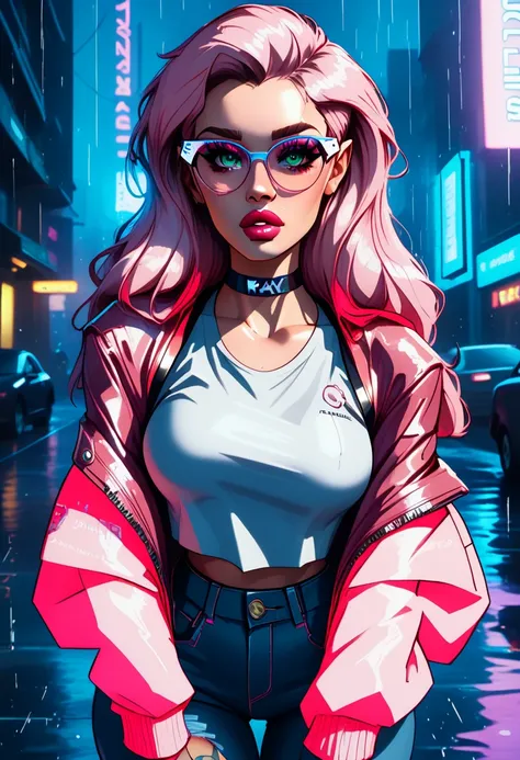 a beautiful cyberpunk Asian elf woman standing in a dark alley at night in the rain, detailed facial features, long eyelashes, pink hair in cyberpunk style, pink leather jacket, jeans, t-shirt, glasses, choker, detailed city skyline, neon lights, puddles, ...