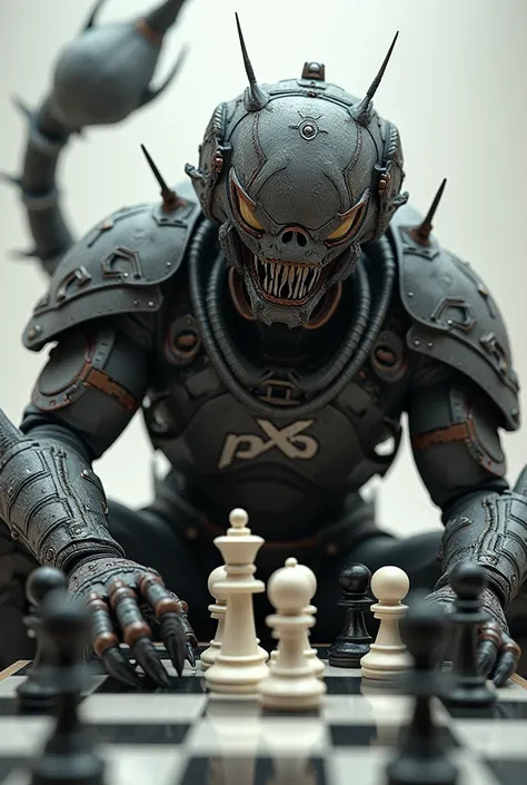 Humanoid scorpion soldier playing chess and with a logo that says Px6