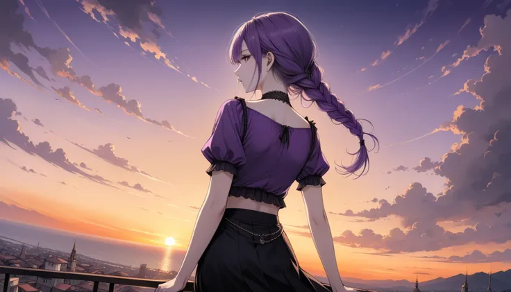 in style of Santiago Caruso, 1girl, solo, White skin，purple twin braids, purple hair，purple eyes，beautiful woman, purple blouse, black pleaded skirt，skinny body, wideangle shot, beautiful eyes, ((dynamic angle, she is staring at the sunset, back towards th...